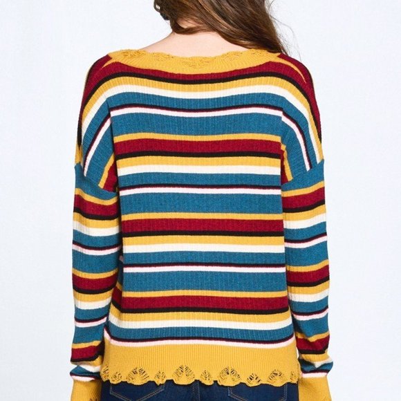Women's Multi-Colored Variegated Striped Ruffled Edge Hem Knit Sweater NWT - Picture 5 of 5